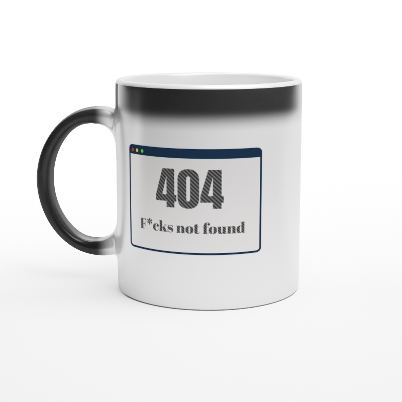 Black magic reveal mug turns to white with graphic of 404 f*cks not found in computer window style