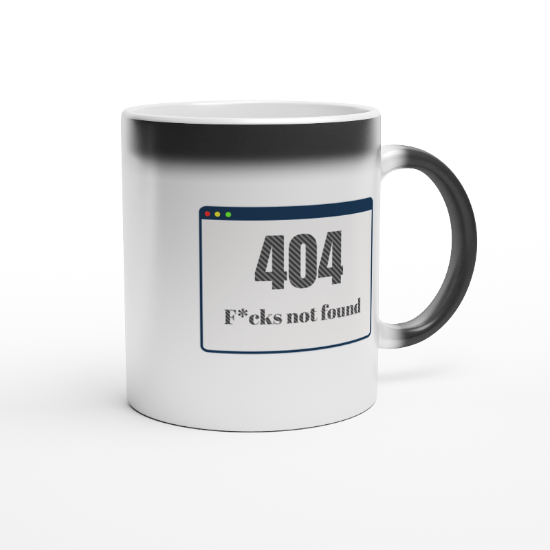 Black magic reveal mug turns to white with graphic of 404 f*cks not found in computer window style