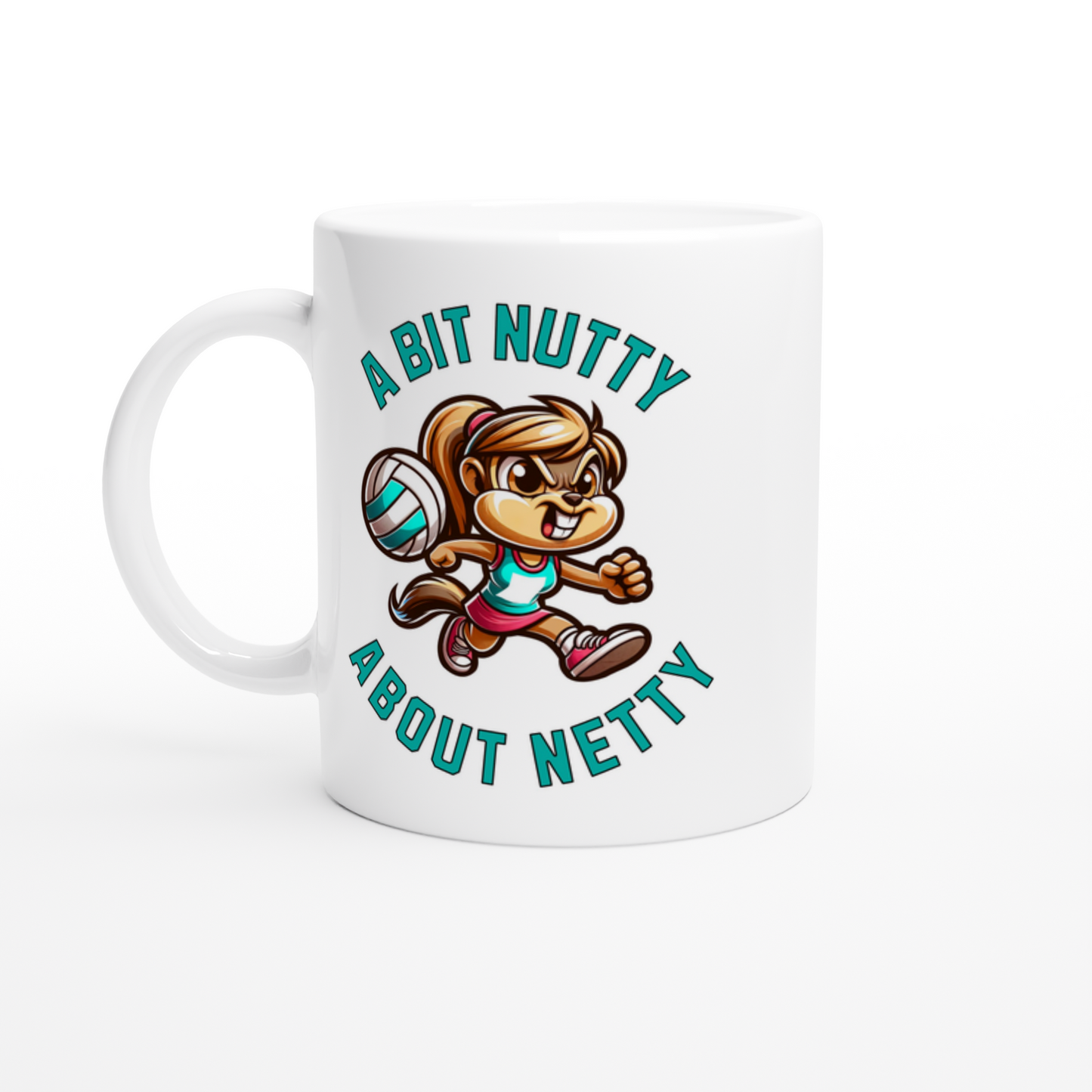 White ceramic mug with a cute but fierce chipmunk netballer and bold text in blue