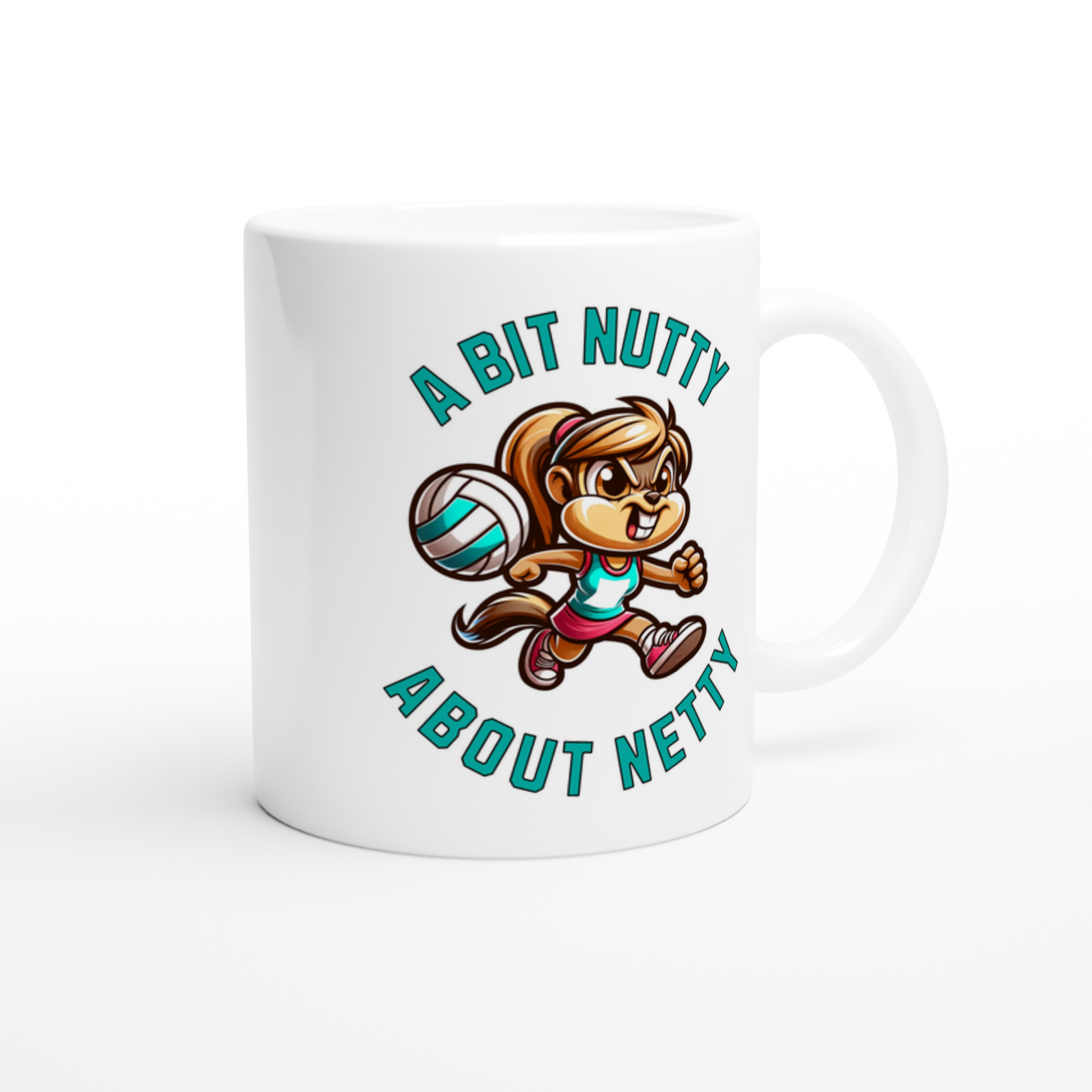 White ceramic mug with a cute but fierce chipmunk netballer and bold text in blue