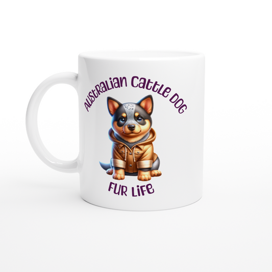 White ceramic mug with cute Australian Cattle Dog puppy wearing a jacket