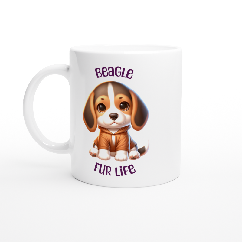 White ceramic mug with cute Beagle puppy wearing a hoodie