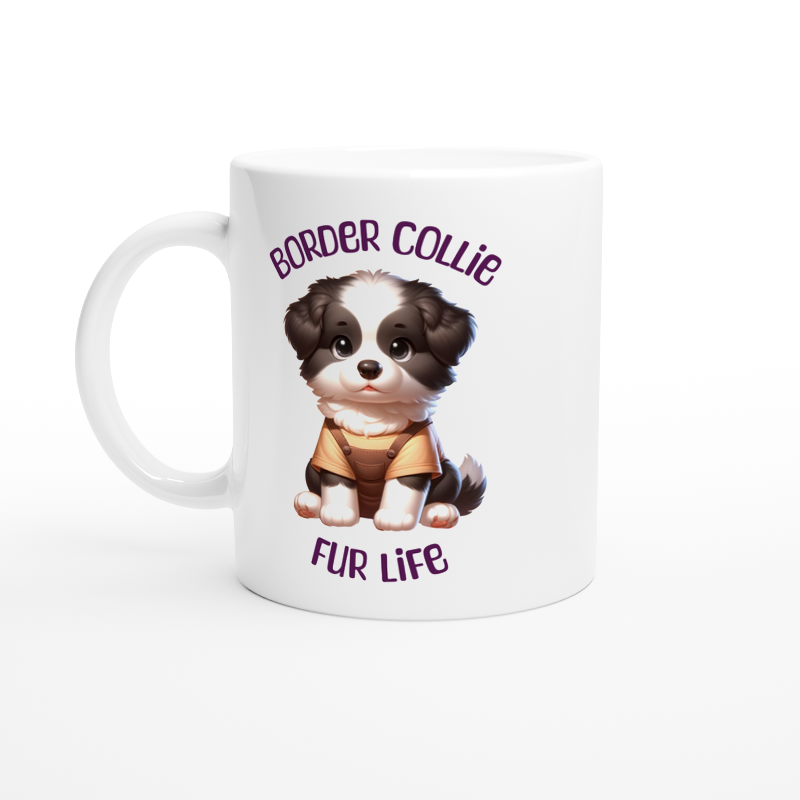 White ceramic mug with cute Border Collie puppy wearing overalls and a t-shirt