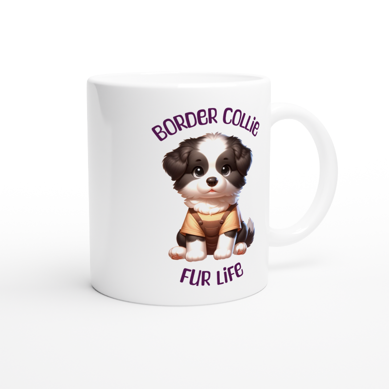 White ceramic mug with cute Border Collie puppy wearing overalls and a t-shirt
