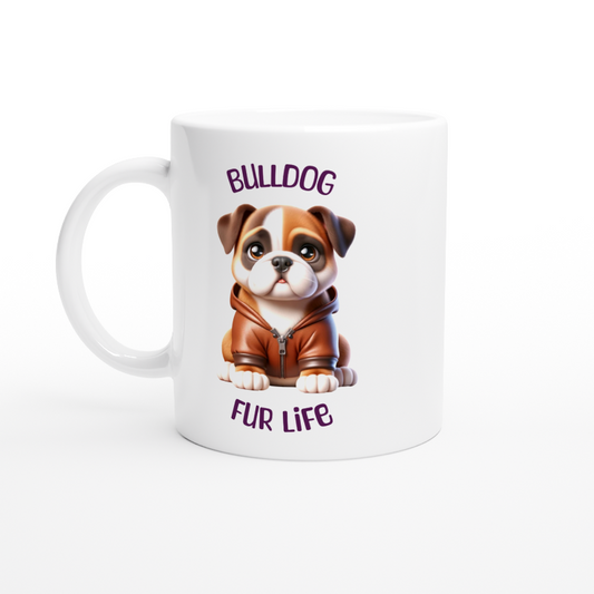 White ceramic mug with cute Bulldog puppy wearing a leather jacket
