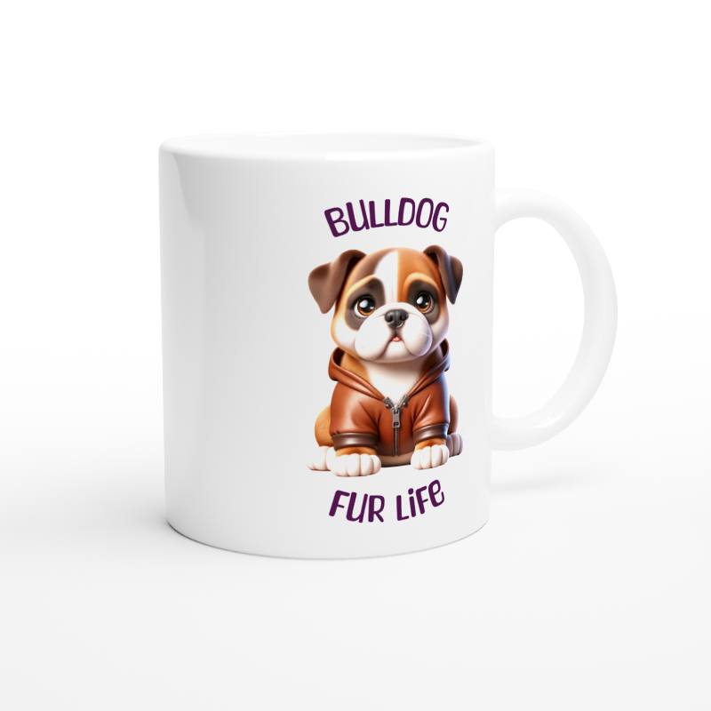 White ceramic mug with cute Bulldog puppy wearing a leather jacket