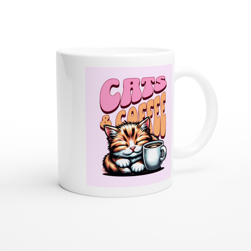 White ceramic mug handle on right with a cute cats and coffee design