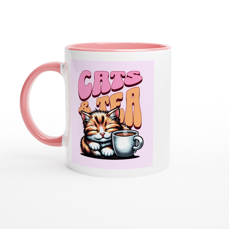 White ceramic mug pink handle with cats and tea