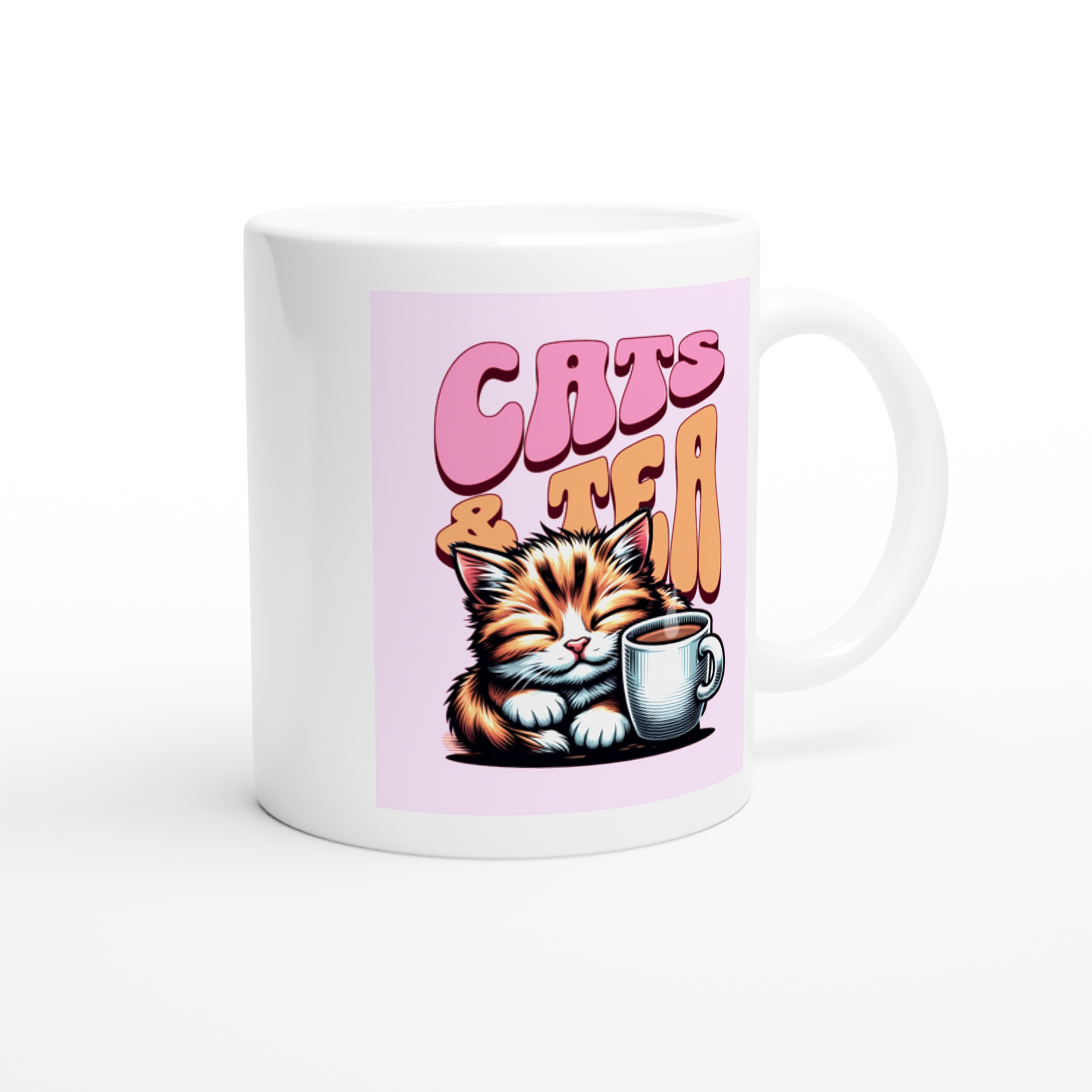 White ceramic mug with cats and tea