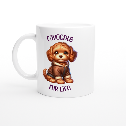White ceramic mug with cute Cavoodle puppy wearing a pilots jacket