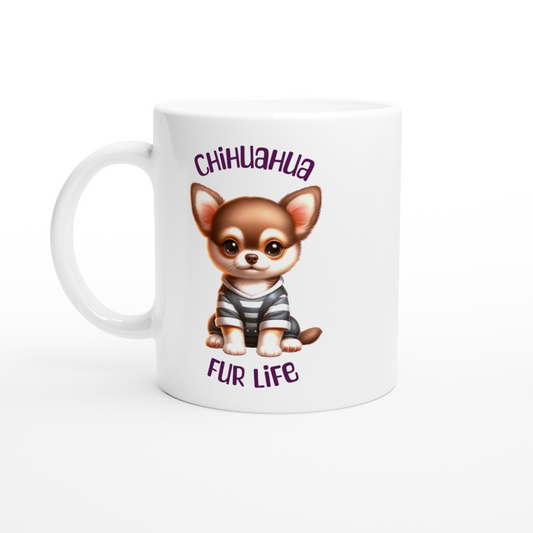 White ceramic mug with cute Chihuahua puppy wearing overalls and t-shirt