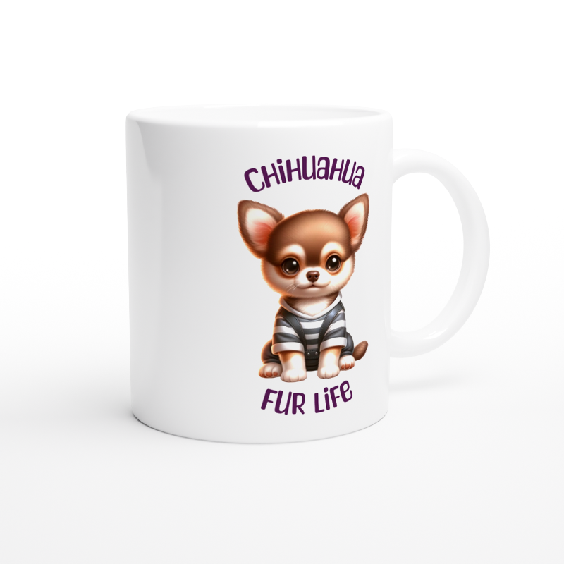 White ceramic mug with cute Chihuahua puppy wearing overalls and t-shirt