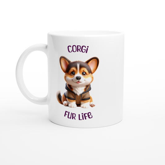 White ceramic mug with cute Corgi puppy wearing a hoodie