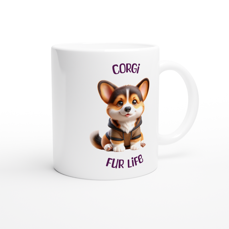 White ceramic mug with cute Corgi puppy wearing a hoodie