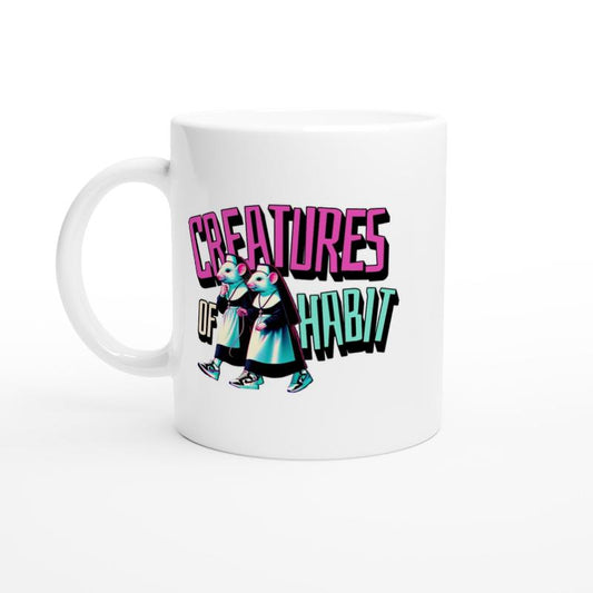 Two mice nuns walking and wearing air jordans with colourful text reading Creatures Of Habit