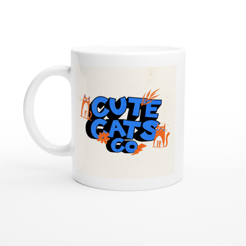 White ceramic mug with cute cats co lettering in blue and orange