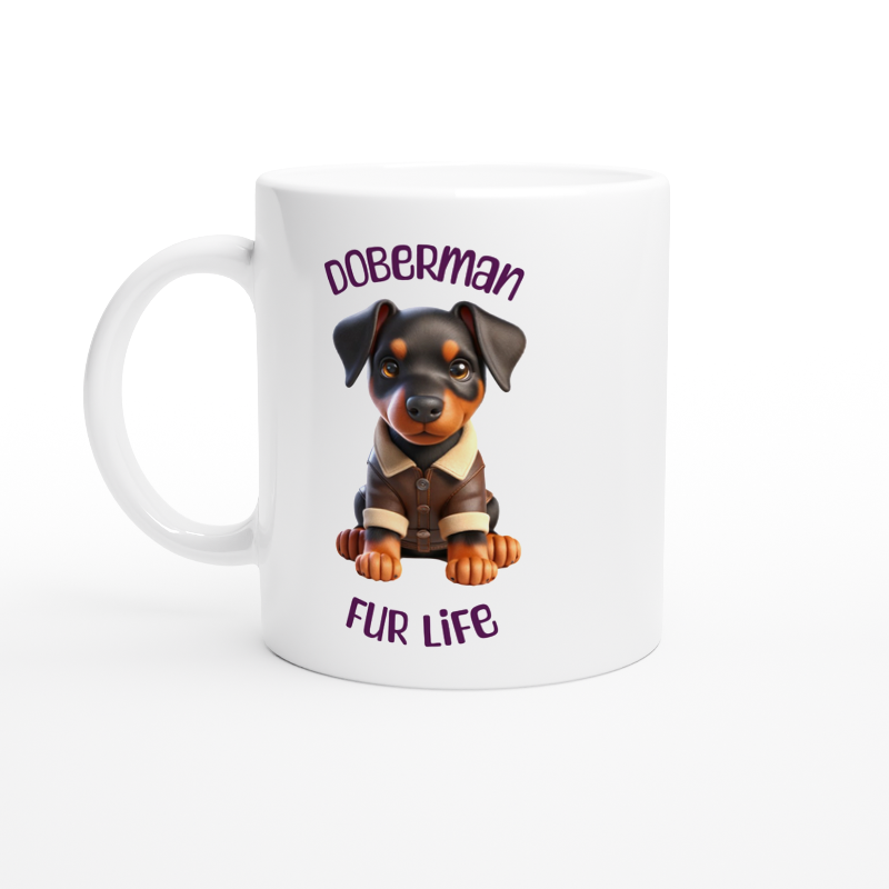 White ceramic mug with cute doberman puppy wearing a leather jacket
