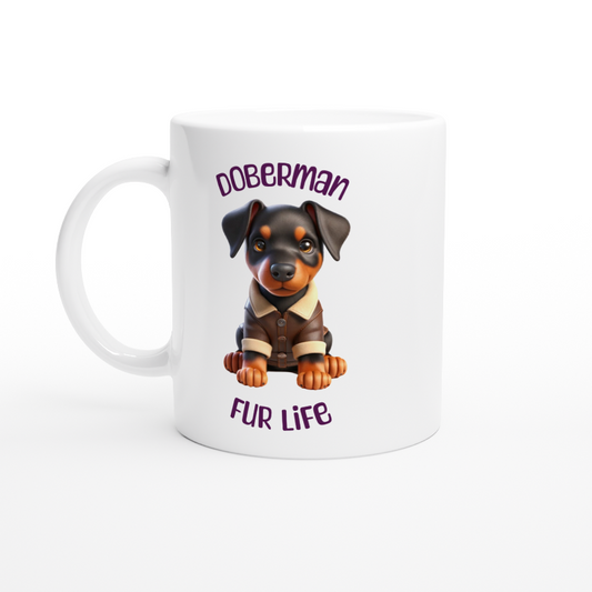 White ceramic mug with cute doberman puppy wearing a leather jacket