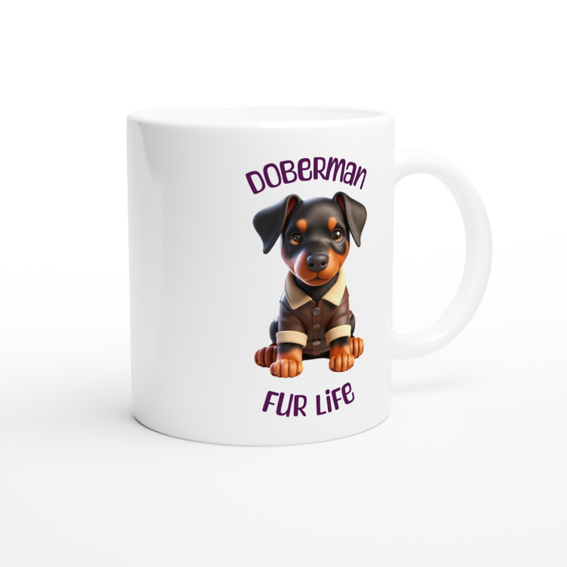White ceramic mug with cute doberman puppy wearing a leather jacket