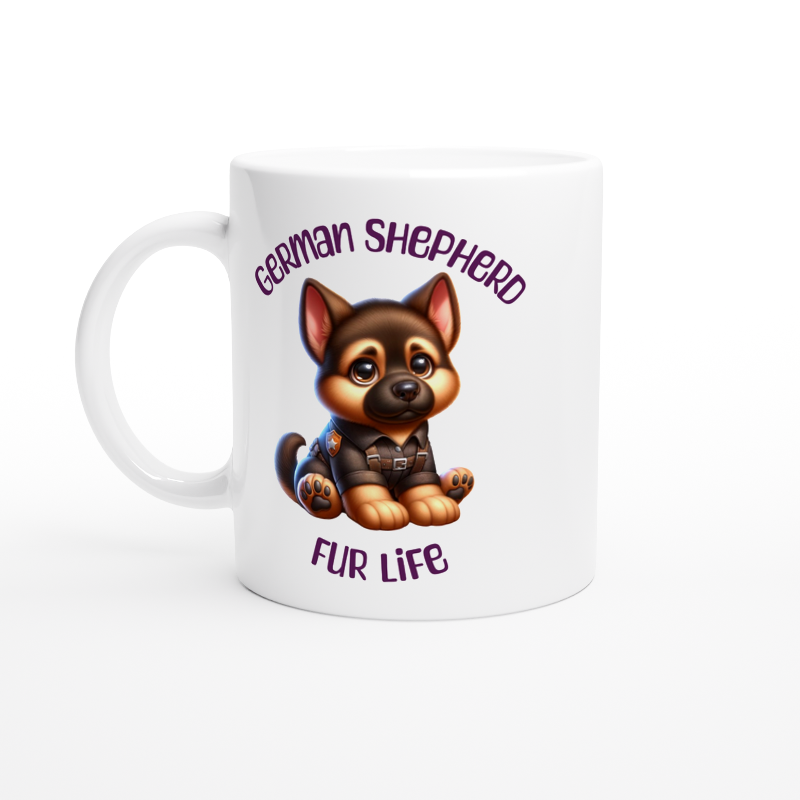 White ceramic mug with cute German Shepherd puppy wearing a police uniform