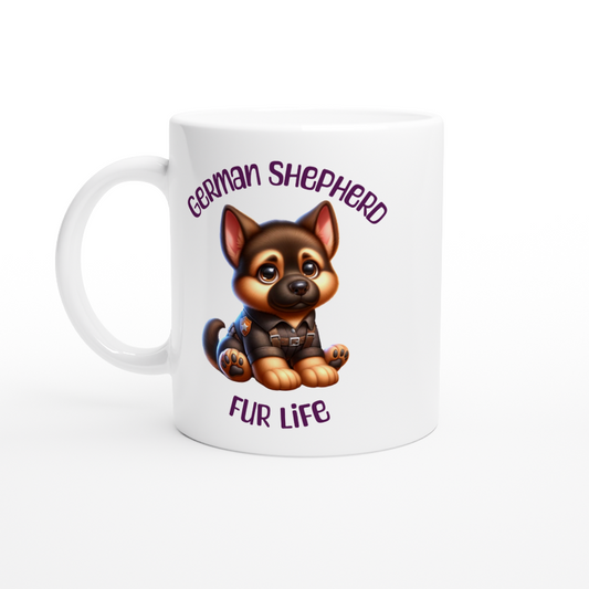 White ceramic mug with cute German Shepherd puppy wearing a police uniform