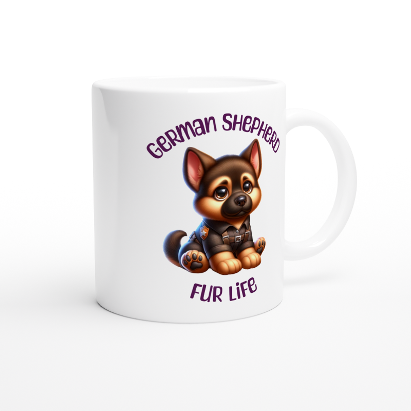 White ceramic mug with cute German Shepherd puppy wearing a police uniform