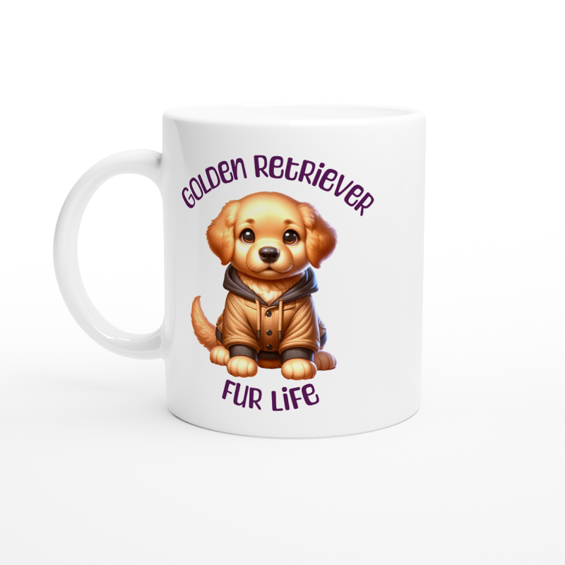 White ceramic mug with cute Golden Retriever puppy wearing a jacket