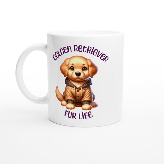 White ceramic mug with cute Golden Retriever puppy wearing a jacket