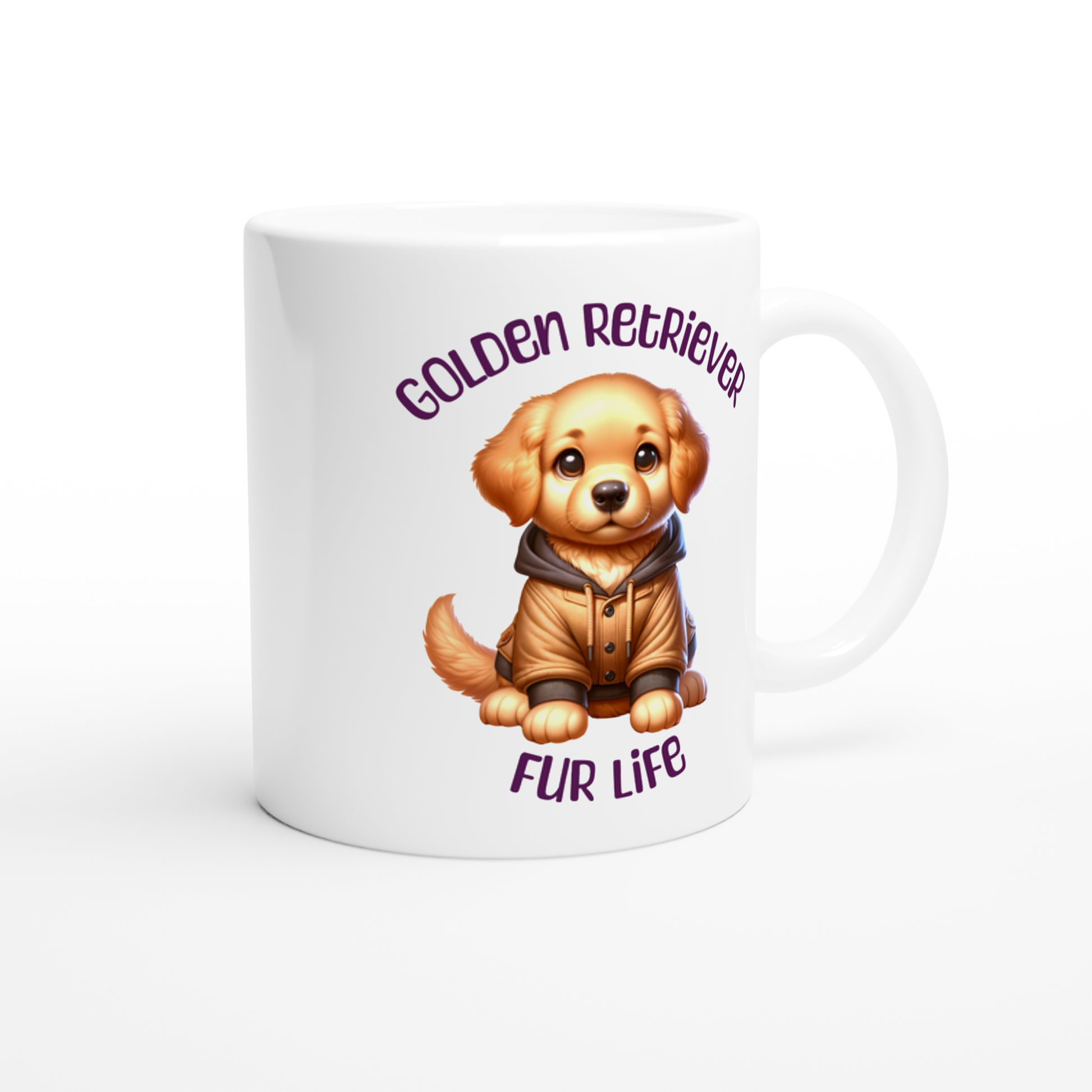 White ceramic mug with cute Golden Retriever puppy wearing a jacket