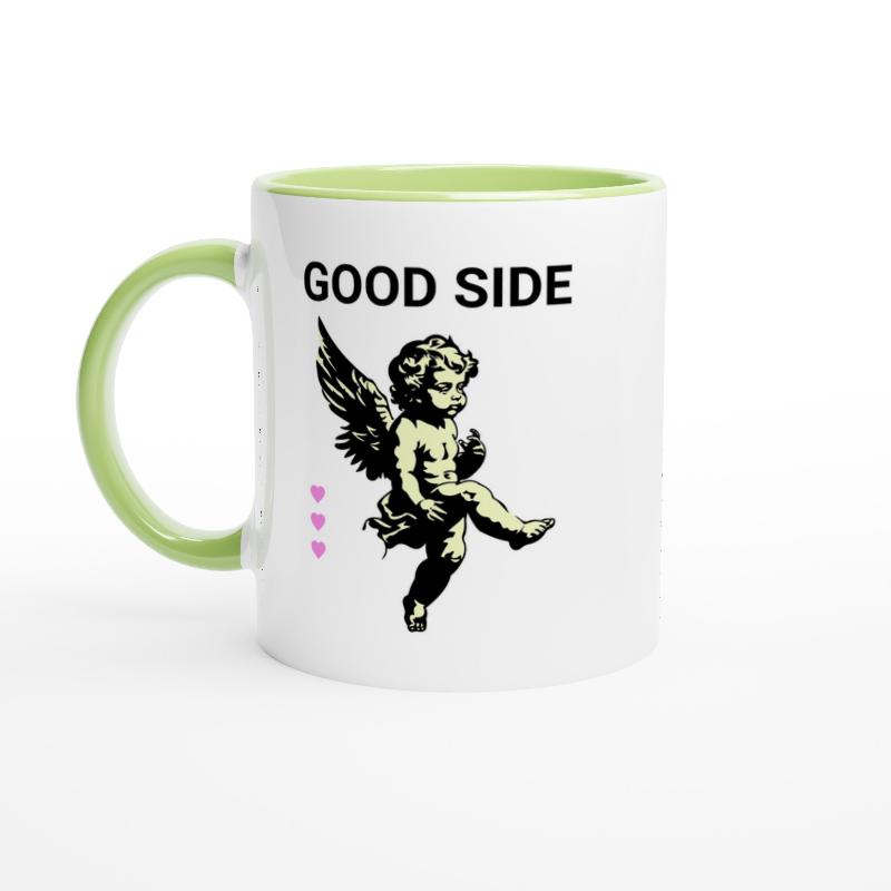 White ceramic mug showing illustration of cute cupid with lovehearts and the words good side