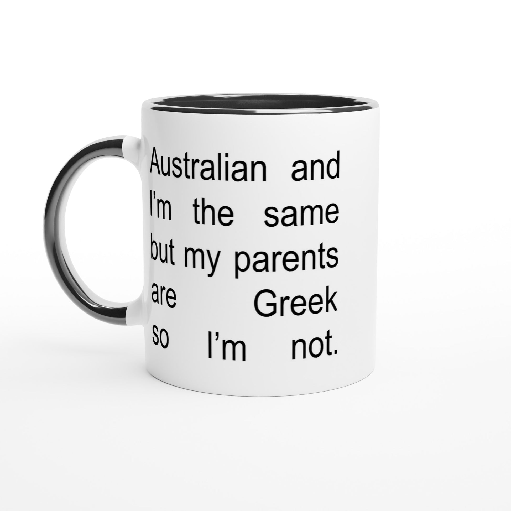 Australian and I'm the same but my parents are Greek so I'm not. Ceramic white mug with black handle and interior.