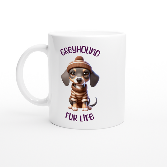 White ceramic mug with cute Greyhound puppy wearing a t-shirt and beanie