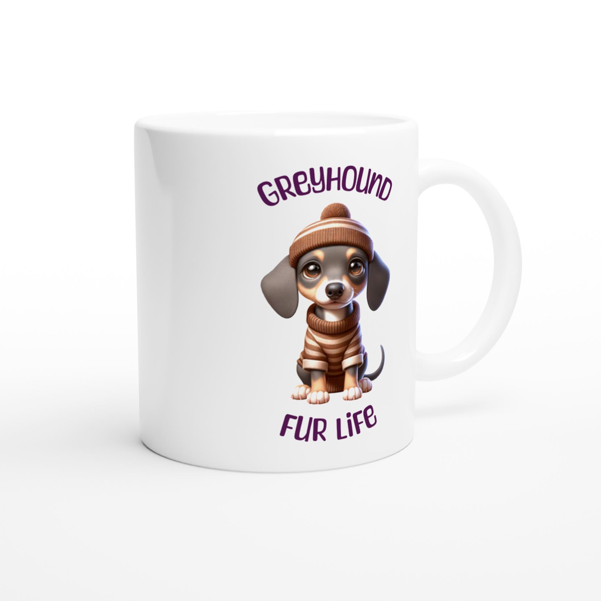 White ceramic mug with cute Greyhound puppy wearing a t-shirt and beanie
