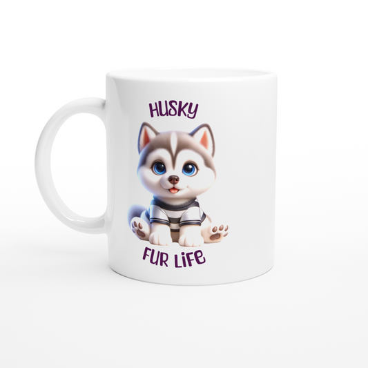 White ceramic mug with cute Husky puppy wearing a t-shirt