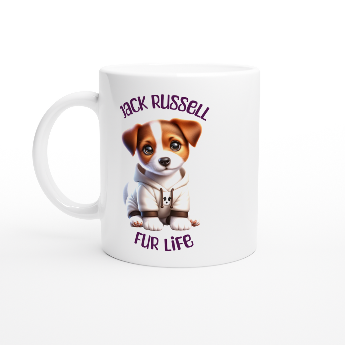 White ceramic mug with cute Jack Russell puppy wearing a hoodie