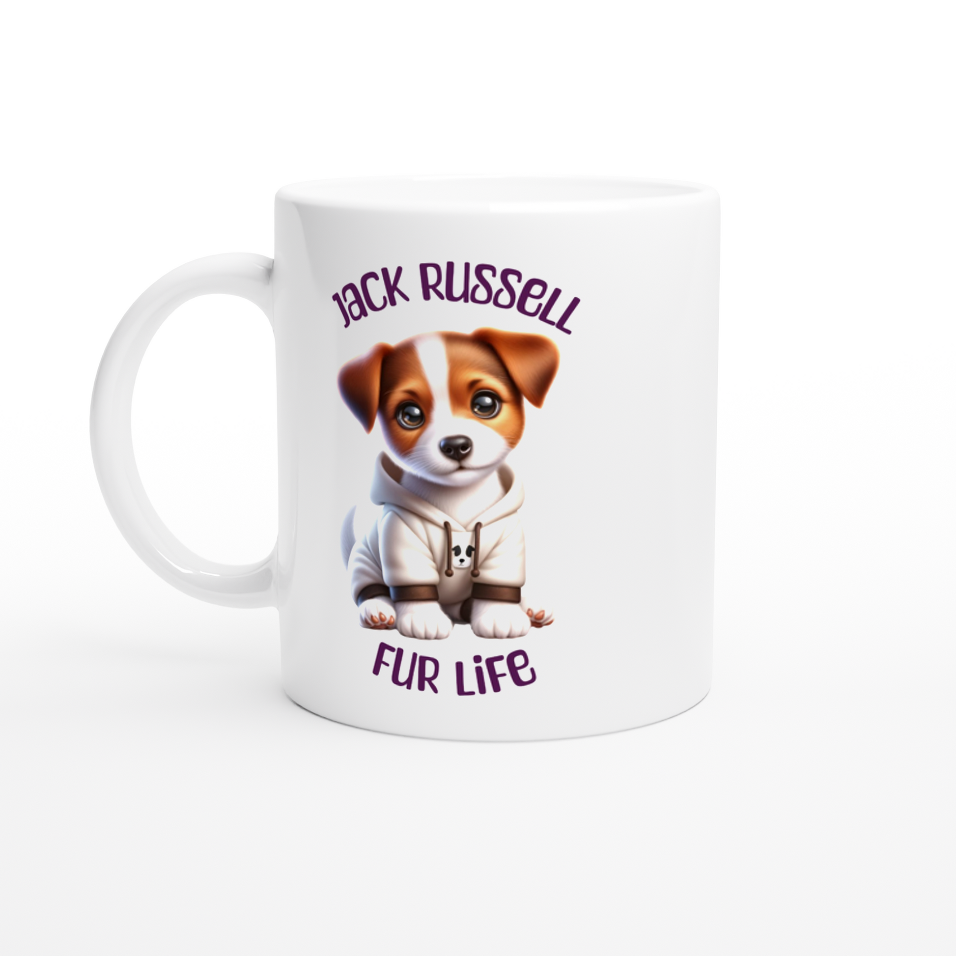 White ceramic mug with cute Jack Russell puppy wearing a hoodie