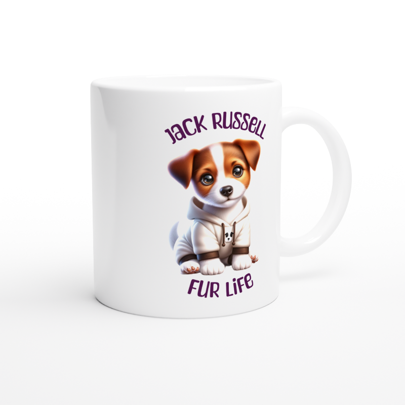 White ceramic mug with cute Jack Russell puppy wearing a hoodie