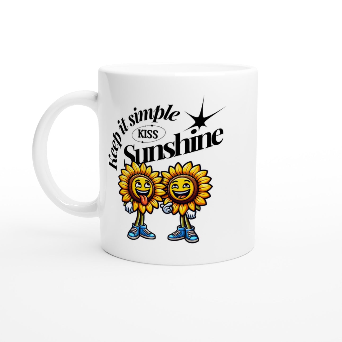 White ceramic mug featuring the slogan keep it simple sunshine and two happy sunflower mascots