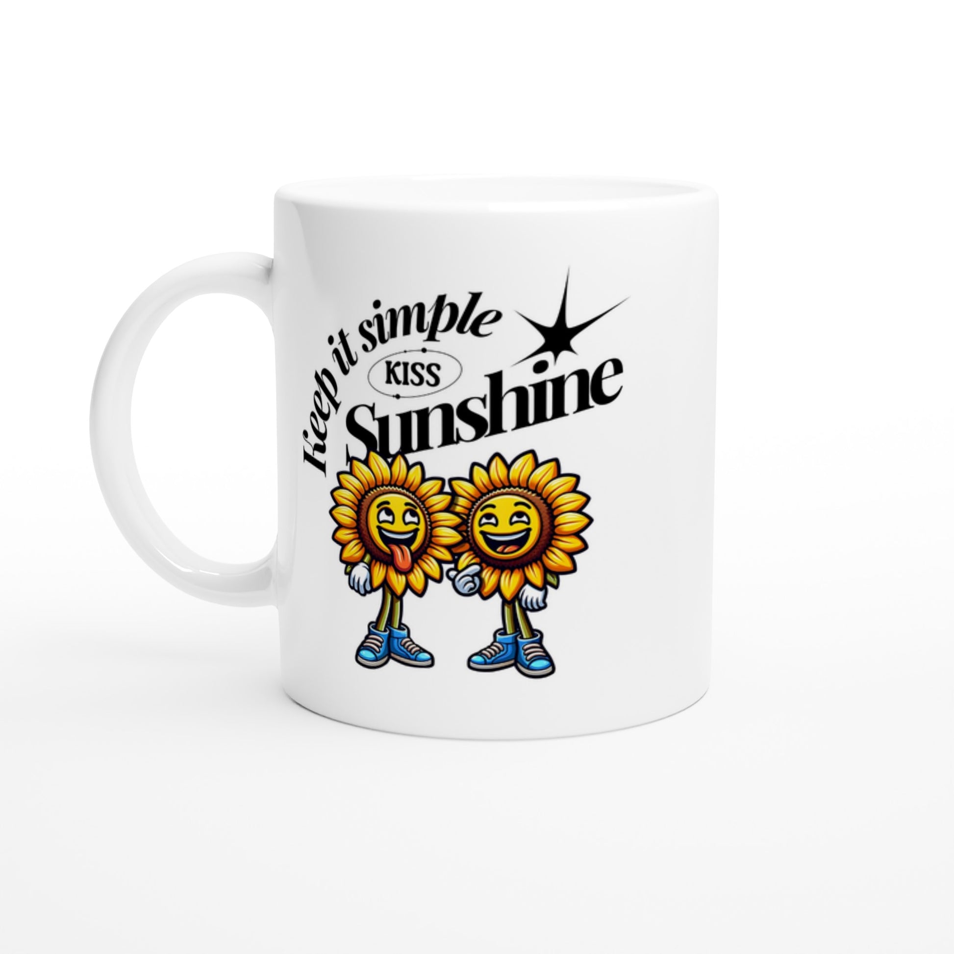 White ceramic mug featuring the slogan keep it simple sunshine and two happy sunflower mascots