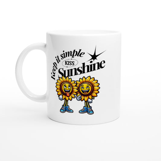 White ceramic mug featuring the slogan keep it simple sunshine and two happy sunflower mascots