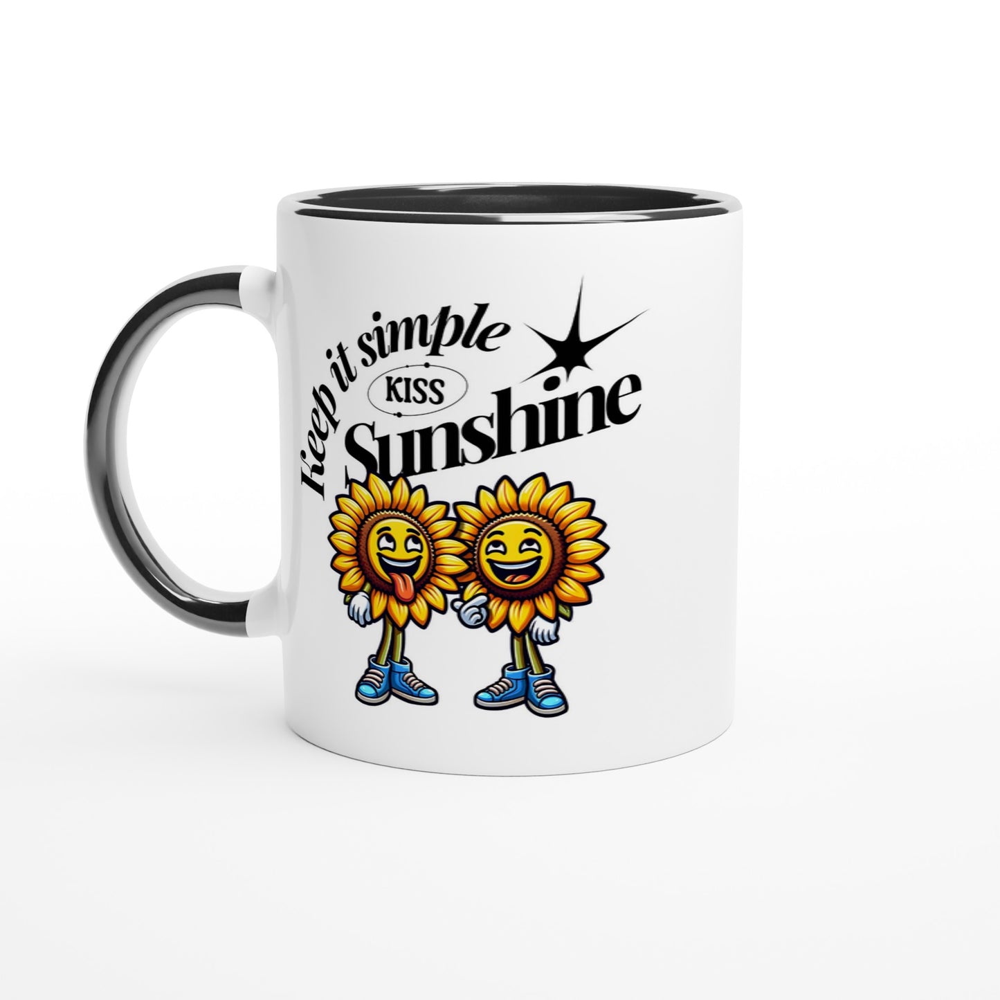 White ceramic mug with black handle featuring the slogan keep it simple sunshine and two happy sunflower mascots