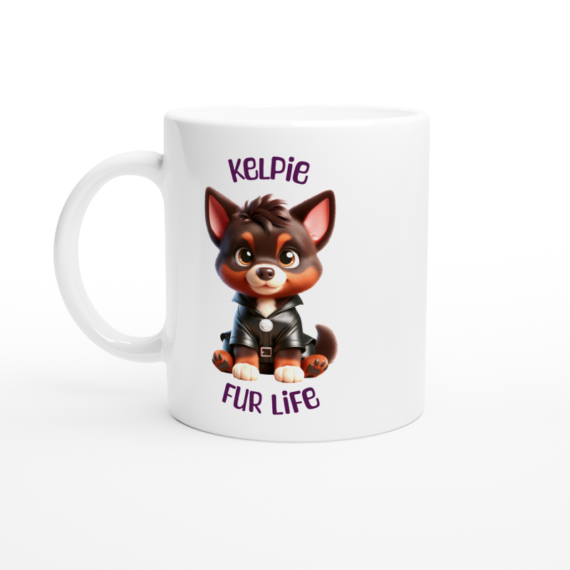 White ceramic mug with cute Kelpie puppy wearing a leather jacket