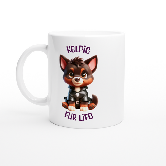 White ceramic mug with cute Kelpie puppy wearing a leather jacket