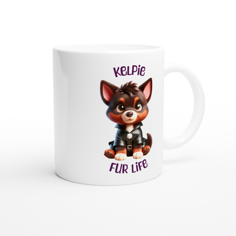 White ceramic mug with cute Kelpie puppy wearing a leather jacket