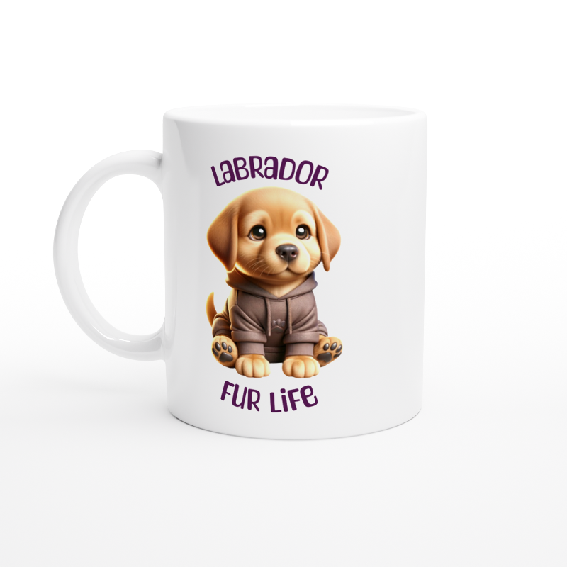 White ceramic mug with cute Labrador puppy wearing a hoodie