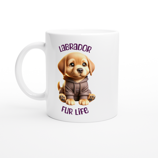 White ceramic mug with cute Labrador puppy wearing a hoodie