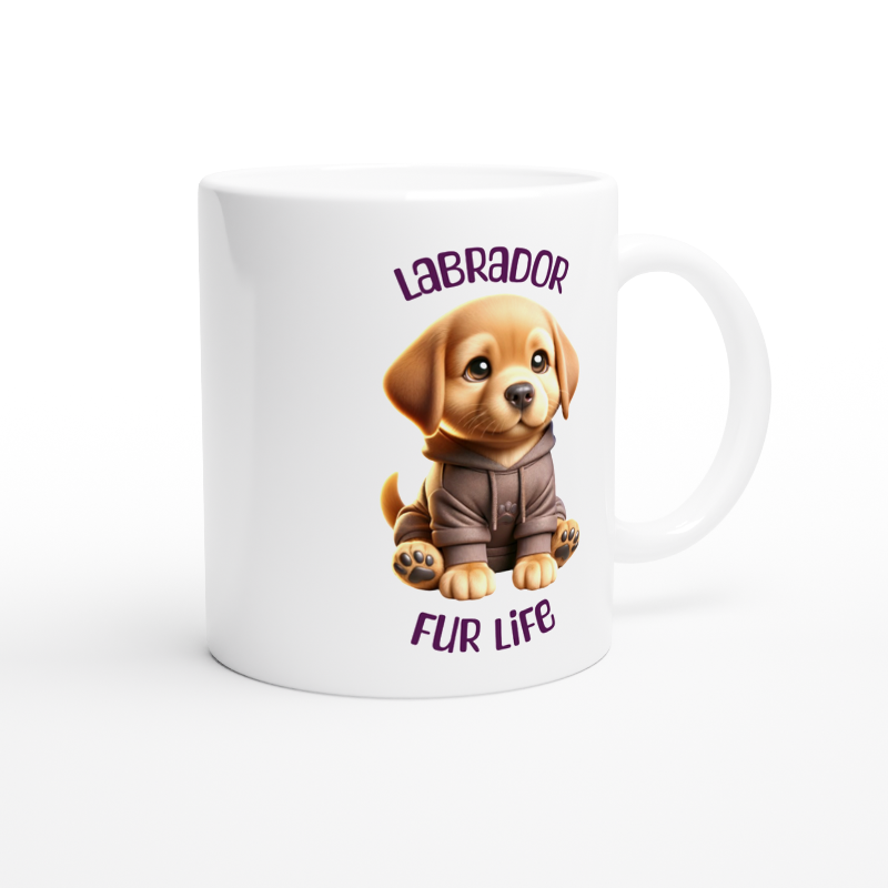 White ceramic mug with cute Labrador puppy wearing a hoodie