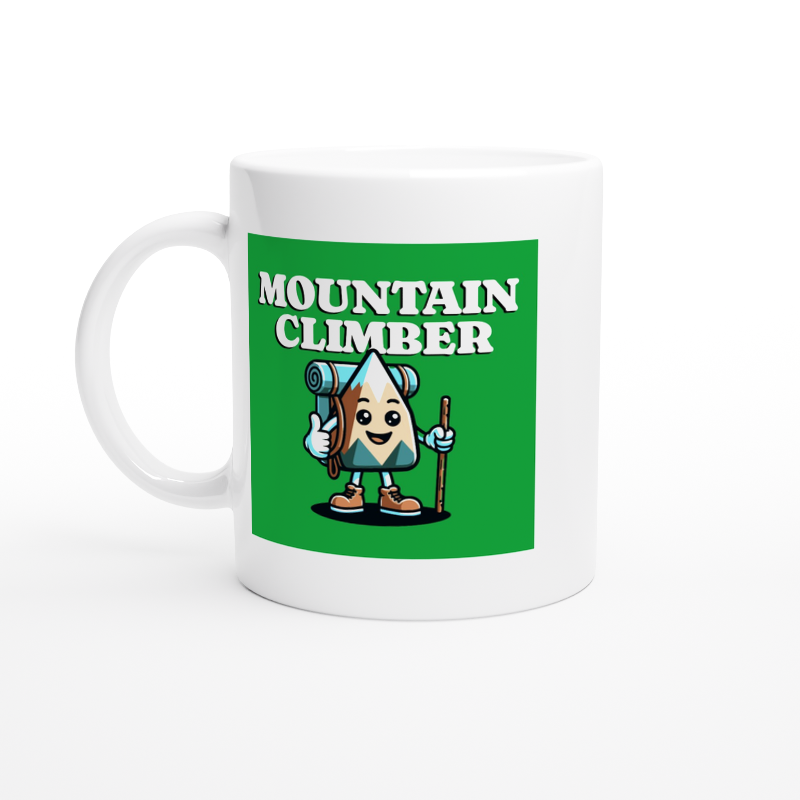 Mountain climber white mug with green background