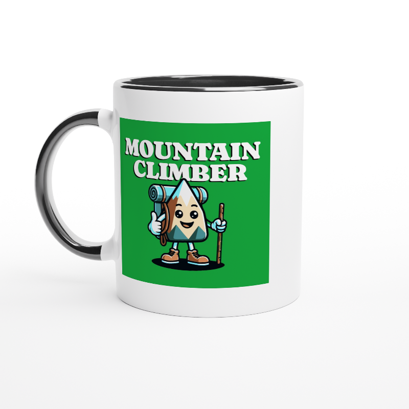 Mountain climber white mug black handle  with green background