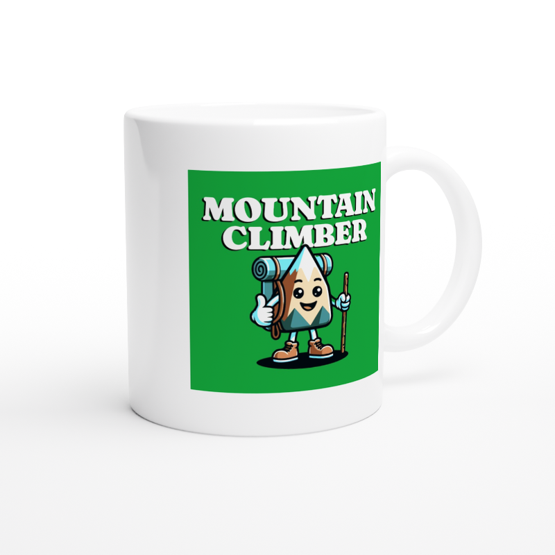 Mountain climber white mug handle on right with green background